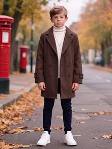 SHEIN Kids Tween Boy Casual Preppy Versatile Mid-Length Overcoat Jacket, Suitable For Autumn, Spring, Winter, Perfect For Outdoor Play, School, Street Style, Party And Home Leisure, High Cost-Performance Quilted Coat, Padded Coat, - Khaki - View 6