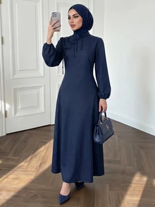 Celisse 女款不對稱領立領綁結鈕扣新中式海軍藍長洋裝，優雅通勤款，秋冬適用 - 藏蓝色 - 查看 1