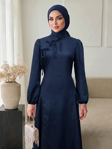 Celisse 女款不對稱領立領綁結鈕扣新中式海軍藍長洋裝，優雅通勤款，秋冬適用 - 藏蓝色 - 查看 6