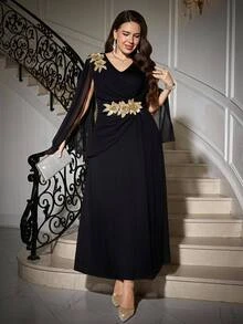 Reflora Plus Size Women's V-Neck 3D Floral Decor Casual Celestial Elegant Party Formal Dinner Dress Uxury Evening Wedding Black Gold Autumn Wedding Birthday - Black - View 10