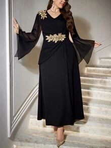 Reflora Plus Size Women's V-Neck 3D Floral Decor Casual Celestial Elegant Party Formal Dinner Dress Uxury Evening Wedding Black Gold Autumn Wedding Birthday - Black - View 7