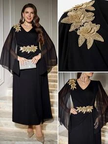Reflora Plus Size Women's V-Neck 3D Floral Decor Casual Celestial Elegant Party Formal Dinner Dress Uxury Evening Wedding Black Gold Autumn Wedding Birthday - Black - View 9