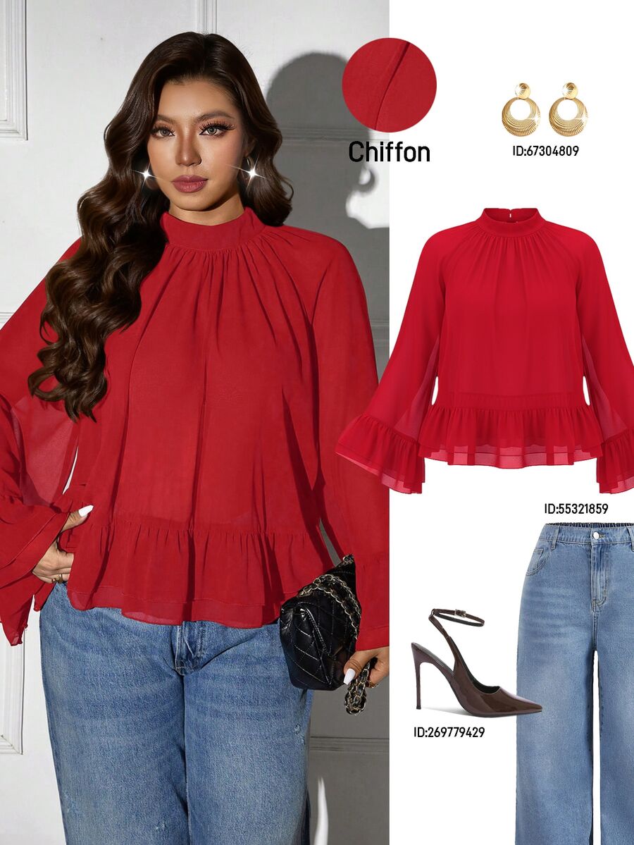 Femmeverse Plus Size Women Layered Ruffle Trim Long Sleeve Casual Top, Elegant Style For Holiday - Burgundy - View 1