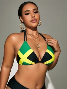 Slaydiva Plus Size Women Patchwork Halter Tie Bikini Top, Suitable For Summer Vacation - Multicolor - View 3