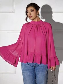 Femmeverse Plus Size Women Layered Ruffle Trim Long Sleeve Casual Top, Elegant Holiday Top - Hot Pink - View 4