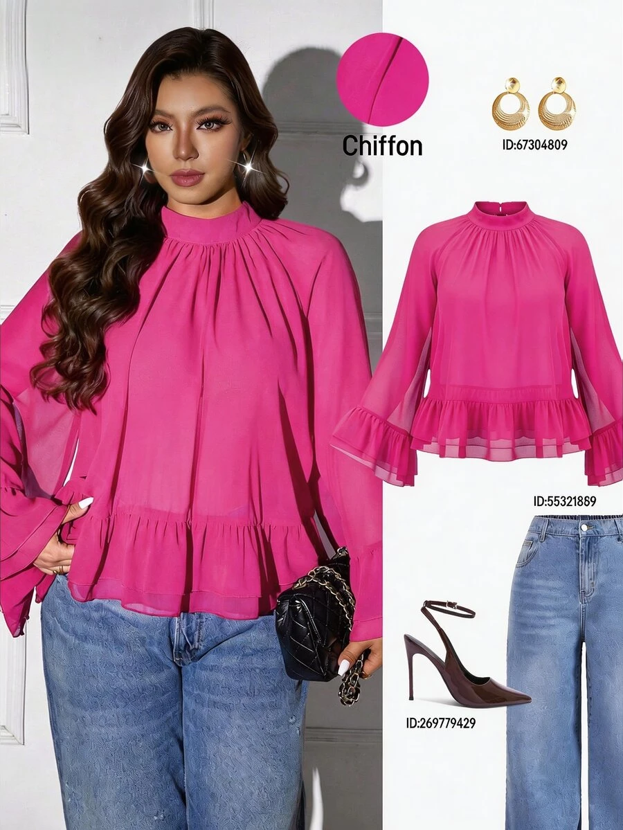 Femmeverse Plus Size Women Layered Ruffle Trim Long Sleeve Casual Top, Elegant Holiday Top - Hot Pink - View 1