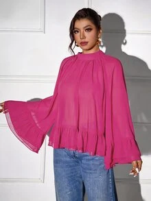 Femmeverse Plus Size Women Layered Ruffle Trim Long Sleeve Casual Top, Elegant Holiday Top - Hot Pink - View 5
