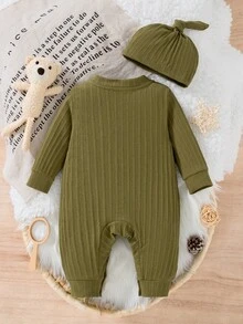SHEIN 2pcs Newborn Baby Boy Girl Jumpsuit Modest Graphic Olive Green Letter Patch Long Sleeve Ribbed Knit Romper With Hat Set 100 Cotton Autumn Winter - Green - View 3