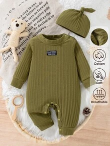 SHEIN 2pcs Newborn Baby Boy Girl Jumpsuit Modest Graphic Olive Green Letter Patch Long Sleeve Ribbed Knit Romper With Hat Set 100 Cotton Autumn Winter - Green - View 4