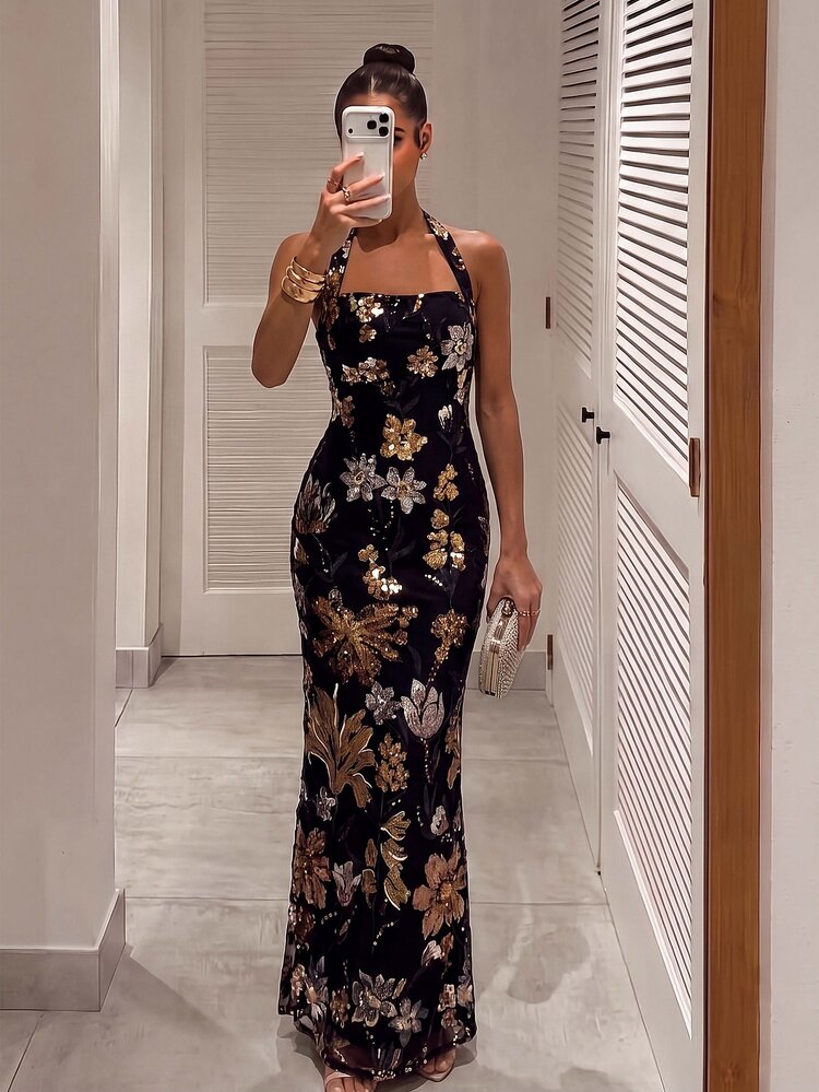 Silquee Elegant Party Sequin Floral Embroidered Backless Halter Neck Dress Elegant Long Party Dress Elegant Dresses For Women Festival Outfits For Women New - Black - View 1