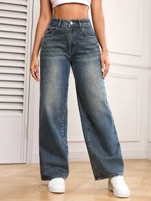 Rivivi Plus Size Women's Casual Versatile High Waist Straight Leg Denim Jeans With Pockets,Fall/WinterNew Year Jeans - Dusty Blue - View 1