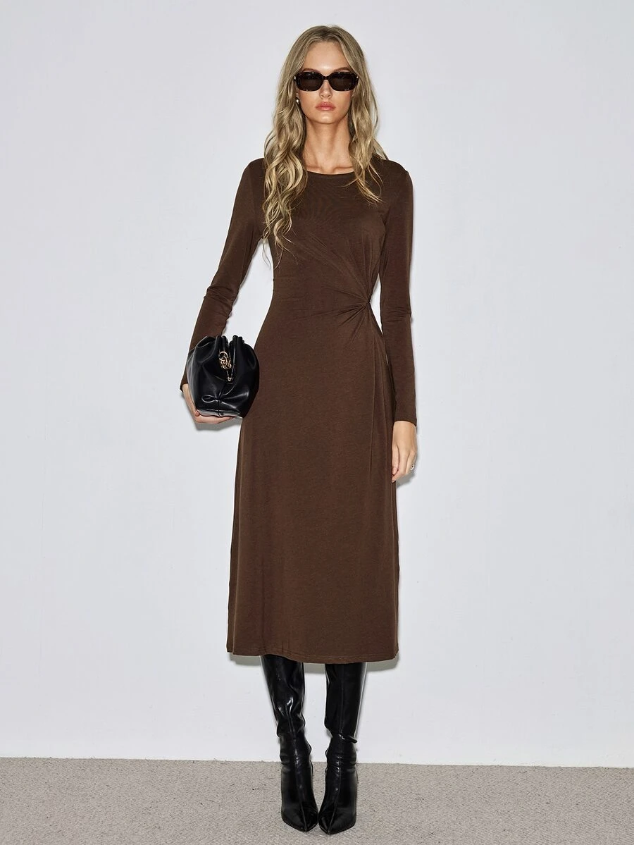 ATUI Studio Women's Solid Color Round Neck Long Sleeve Pleated Casual Elegant Mid-Length Dress Office Tea Party Coffee Brown Fall - Brown - View 1