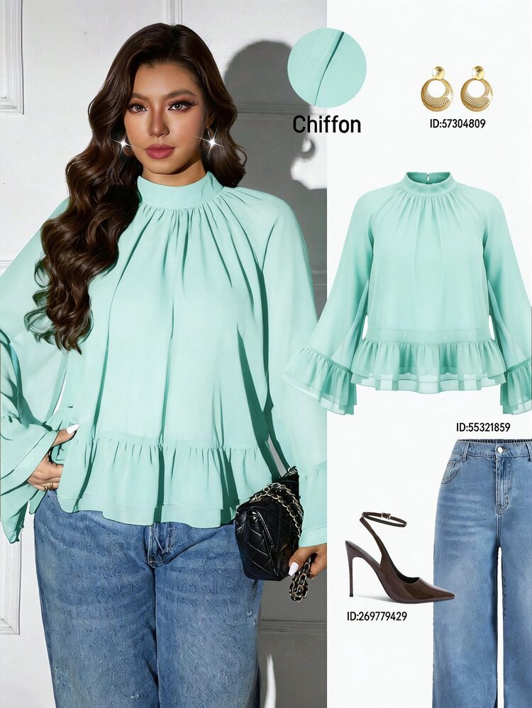 Femmeverse Plus Size Women Layered Ruffle Trim Long Sleeve Casual Top, Elegant Holiday Top Fall - Mint Green - View 1