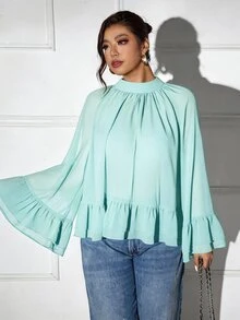 Femmeverse Plus Size Women Layered Ruffle Trim Long Sleeve Casual Top, Elegant Holiday Top Fall - Mint Green - View 4
