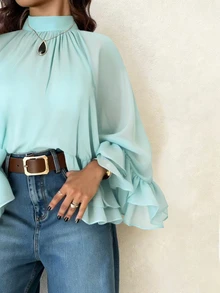 Femmeverse Plus Size Women Layered Ruffle Trim Long Sleeve Casual Top, Elegant Holiday Top Fall - Mint Green - View 3