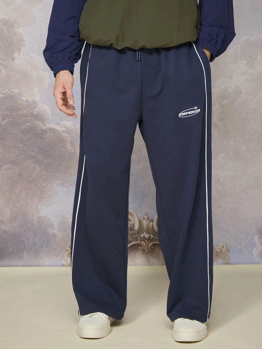 Emperor Men's Loose Fit Navy Blue Embroidered Sweatpants, Autumn/Winter - Navy Blue - View 1