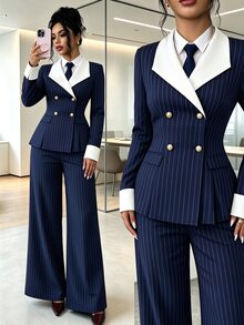 Wandoria Vertical Striped Print Double Breasted Blazer & Wide Leg Pants Suit Set - Navy Blue - View 8