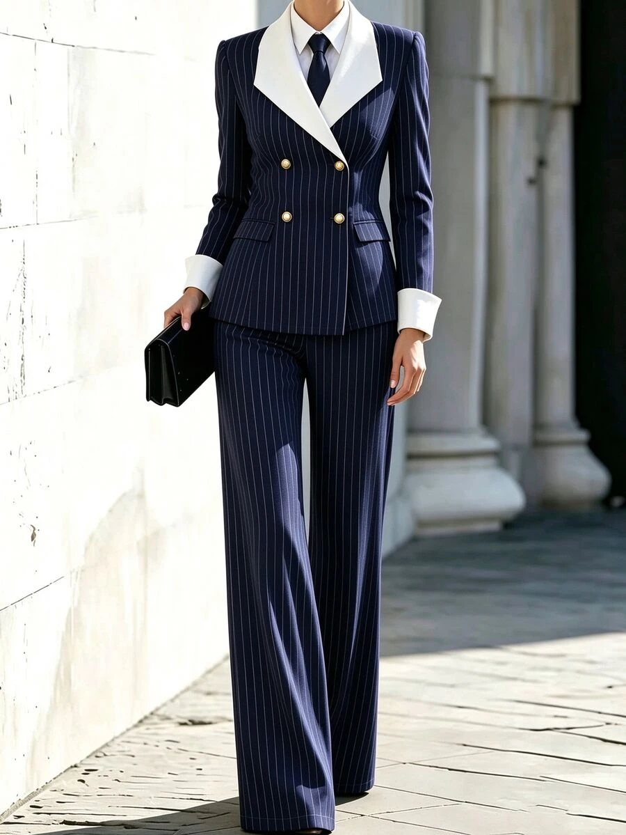 Wandoria Vertical Striped Print Double Breasted Blazer & Wide Leg Pants Suit Set - Navy Blue - View 1