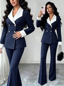 Wandoria Vertical Striped Print Double Breasted Blazer & Wide Leg Pants Suit Set - Navy Blue - View 7