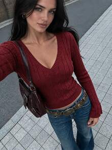 Autumina Women's Cable Knit V-Neck Long Sleeve Fitted Casual Sweater - Red - View 1