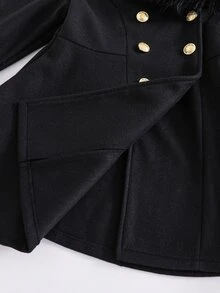 SHEIN 少女黑色收腰羊毛布料外套夾克，人造毛飾邊，英式甜美拿破崙鈕扣，裙襬設計，適合夜店、正式場合、秋季、萬聖節 - 黑色 - 查看 8