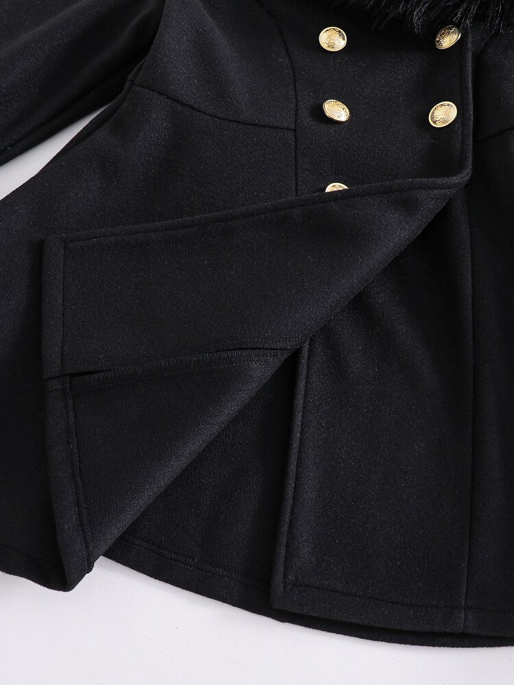SHEIN Tween Girls Black Cinched Waist Wool Fabric Coat Jacket, Faux Fur Trim, British Coquette Napoleon Buttons, Skirt Hem, Club, Formal, Autumn, Halloween. - Black - View 8