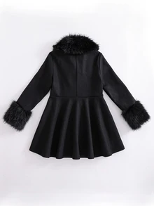 SHEIN 少女黑色收腰羊毛布料外套夾克，人造毛飾邊，英式甜美拿破崙鈕扣，裙襬設計，適合夜店、正式場合、秋季、萬聖節 - 黑色 - 查看 2