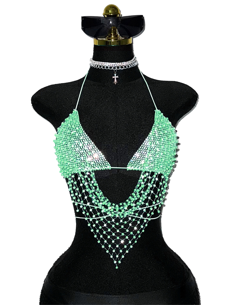 EgrlEra Petite Women's Fishnet Rhinestone Spaghetti Strap Top, Rhinestone Embellished Sparkling, Perfect For Bar, Party, Club Wear - Mint Green - View 4