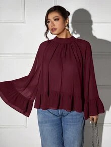 Femmeverse Atasan Kasual Lengan Panjang Berlapis Ruffle untuk Wanita Ukuran Plus, Gaya Elegan untuk Liburan Musim Gugur - Burgundy - View 5