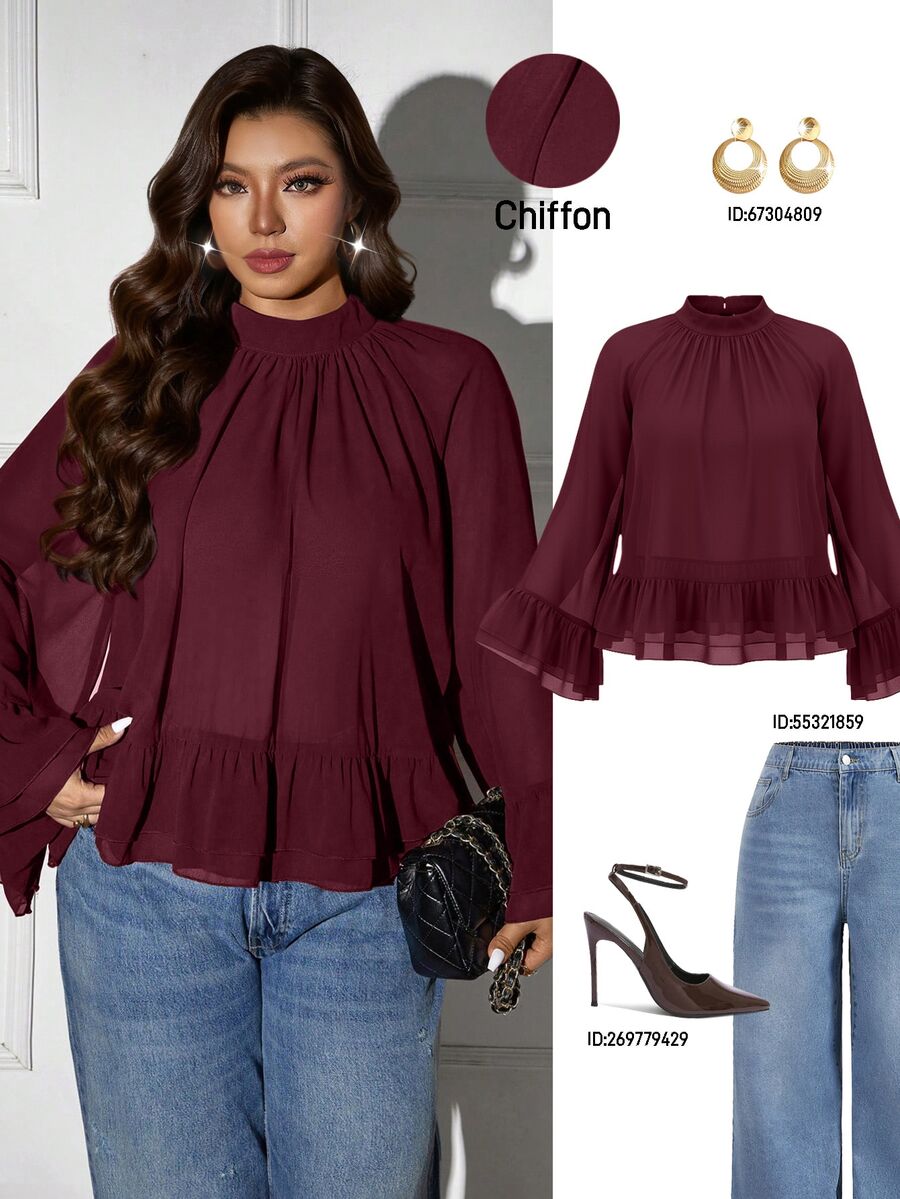 Femmeverse Atasan Kasual Lengan Panjang Berlapis Ruffle untuk Wanita Ukuran Plus, Gaya Elegan untuk Liburan Musim Gugur - Burgundy - View 1