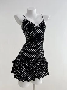 Elamini Vestido de tirantes con volantes y lazo decorativo para mujer - Negro - Ver 3