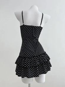 Elamini Vestido de tirantes con volantes y lazo decorativo para mujer - Negro - Ver 2