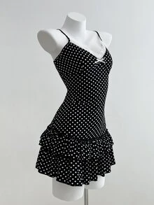 Elamini Vestido de tirantes con volantes y lazo decorativo para mujer - Negro - Ver 4