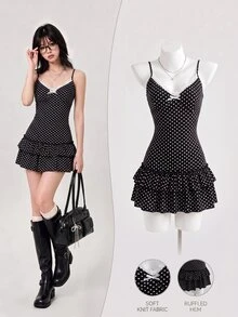 Elamini Vestido de tirantes con volantes y lazo decorativo para mujer - Negro - Ver 1