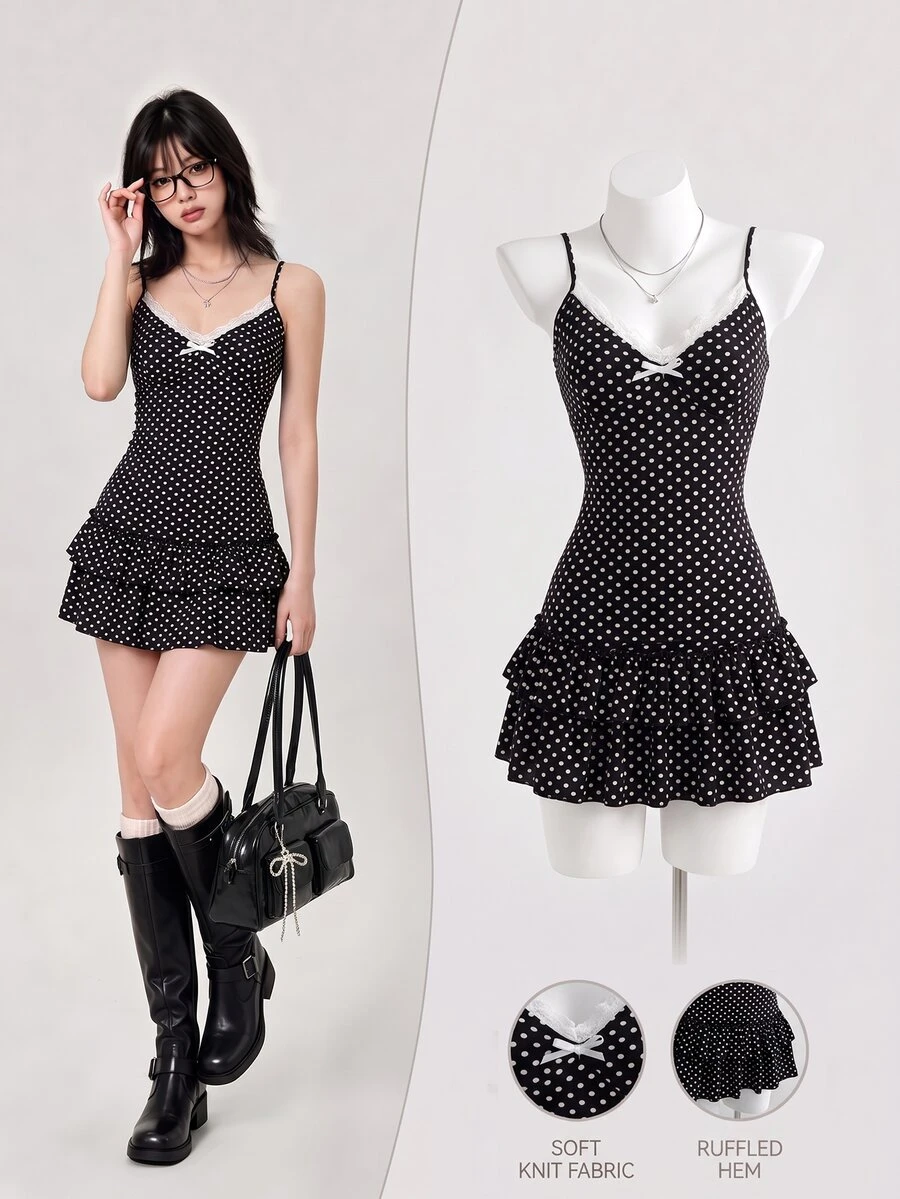 Elamini Vestido de tirantes con volantes y lazo decorativo para mujer - Negro - Ver 1