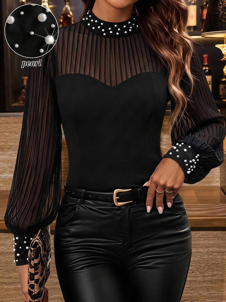 Reflora Plus Size Autumn/Winter Lace Patchwork Rhinestone Pearl Design Top Party Going Out Formal Night Black Elegant Sexy Fall Women Chic Unique Blouse - Black - View 1