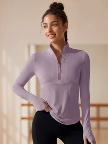 Eassivo Eassivo Women's Solid Color Zipper Casual Long Sleeve Sports Sweatshirt Fall Sweatshirts - Purple - View 1