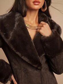 Silquee 女款復古鈕扣人造毛拼接袖口夾克 秋季女裝 冬季夾克 女士上班穿搭 節日穿搭 - 棕色 - 查看 10