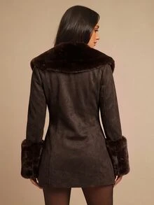 Silquee 女款復古鈕扣人造毛拼接袖口夾克 秋季女裝 冬季夾克 女士上班穿搭 節日穿搭 - 棕色 - 查看 12