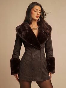 Silquee 女款復古鈕扣人造毛拼接袖口夾克 秋季女裝 冬季夾克 女士上班穿搭 節日穿搭 - 棕色 - 查看 9