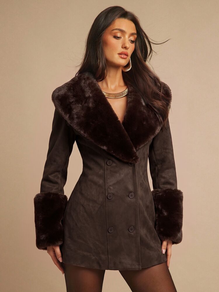 Silquee Women's Vintage Button Faux Fur Patchwork Cuff Jacket Fall Clothes For Women Winter Jacket Work Outfits For Women Festival Outfits For Women - Brown - View 8