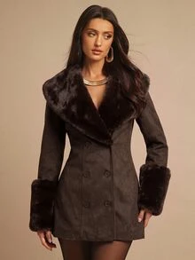Silquee 女款復古鈕扣人造毛拼接袖口夾克 秋季女裝 冬季夾克 女士上班穿搭 節日穿搭 - 棕色 - 查看 5