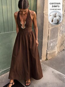 Travachic 女款金屬裝飾休閒優雅熱帶風掛脖洋裝 棕色 夏季派對度假穿搭 - 棕色 - 查看 1