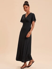 Travachic Women's Lace Patchwork V-Neck Casual Daily Short Sleeve Dress - Black - View 3