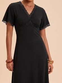 Travachic Women's Lace Patchwork V-Neck Casual Daily Short Sleeve Dress - Black - View 8
