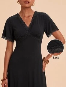 Travachic Women's Lace Patchwork V-Neck Casual Daily Short Sleeve Dress - Black - View 1