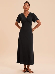 Travachic Women's Lace Patchwork V-Neck Casual Daily Short Sleeve Dress - Black - View 4