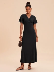 Travachic Women's Lace Patchwork V-Neck Casual Daily Short Sleeve Dress - Black - View 5