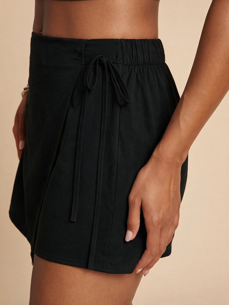 Travachic Quần short váy thắt dây cơ bản thường ngày cho nữ, màu đen trơn, phong cách casual, dùng cho ngày thường, lễ nghỉ và du lịch mùa hè - màu đen - Xem 3