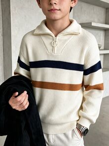 SHEIN Kids Tween Boy Casual Versatile Mori Style Collared Striped Sweater, Suitable For Commuting, School, Daily Casual Outings, Sports, Autumn/Winter - Apricot - View 1